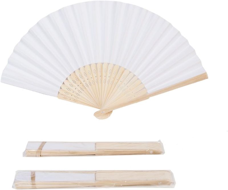 Photo 1 of Sepwedd 50pcs White Paper Hand Fan White Bamboo Folding, Handheld Fans Paper Folded Fan for Wedding Party and Home Decoration
