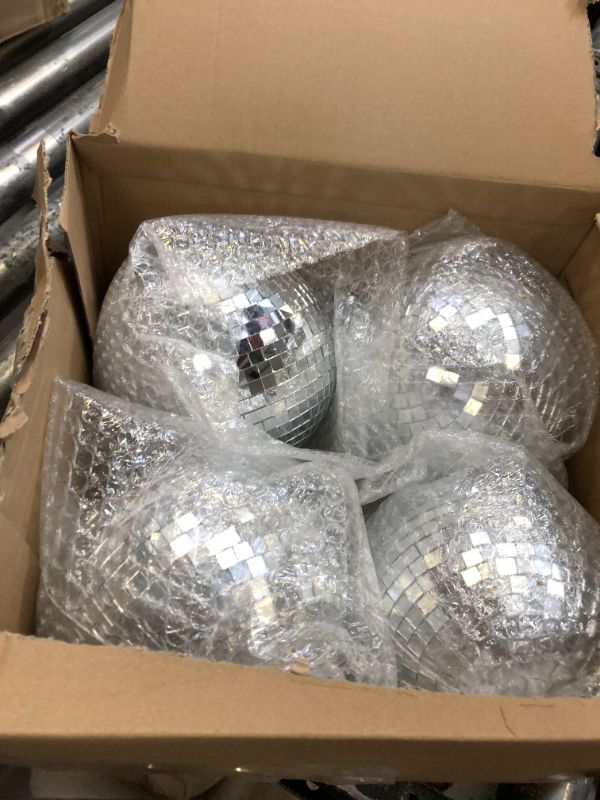 Photo 2 of 4 Pack Large Disco Ball Silver Hanging Disco Balls Reflective Mirror Ball Ornament for Party Holiday Wedding Dance and Music Festivals Decor Club Stage Props DJ Decoration (6 Inch)