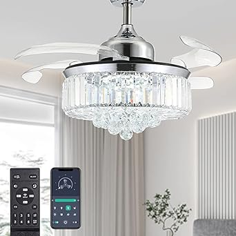 Photo 1 of Moooni Dimmable Fandelier Crystal Ceiling Fans with Lights and Remote Modern Invisible Retractable Chandelier Fan LED Ceiling Fan Light Kit -Polished Chrome 36 Inches
