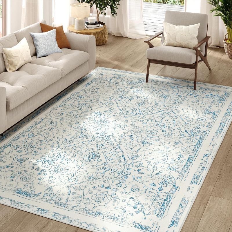 Photo 1 of jinchan Washable Area Rug 8x10 Low Pile Living Room Rug Stain Resistant Vintage Rug Boho Rug Large Rug Ultra-Thin Non Slip Carpet Blue Floral Print Indoor Mat for Bedroom Kitchen Farmhouse
