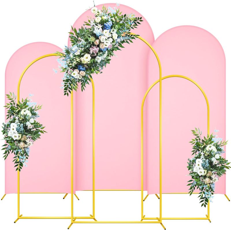 Photo 1 of Maxcheck Set of 3 Metal Wedding Arch Backdrop Stand with 3 Arch Cover 4ft, 5ft, 6ft Gold Arch Stand and Backdrop Frame and Arch Stand Covers for Ceremony Anniversary Baby Shower Birthday (Pink)
