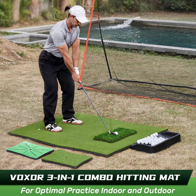 Photo 1 of Voxor 3-in-1 Golf Hitting Mat, 5x4 ft Golf Mats Practice Indoor/Outdoor, Professional Golf Matt Includes 3 Interchangeable Strips for Optimal Practice, Heavy Duty Artificial Turf Hitting Mat
