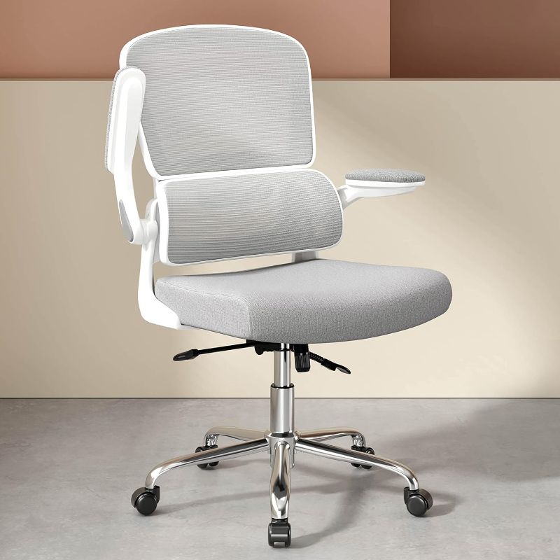 Photo 1 of Logicfox Ergonomic Office Chair, Comfortable Office Chair with Flip-up Arms, Adaptive Lumbar Support, Mesh Computer Chair with Thick Cushion, White Desk Chair with 90°-130° Tilt Function
