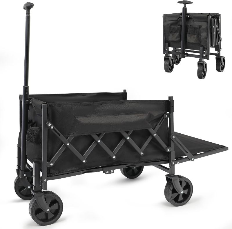 Photo 1 of Collapsible Foldable Wagon, Beach Cart Large Capacity, Heavy Duty Folding Wagon Portable, Collapsible Wagon for Sports, Shopping, Camping (Black, 1 Year Warrant)
