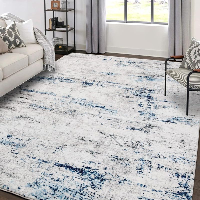 Photo 1 of Area Rug Living Room Rugs: 8x10 Large Soft Indoor Carpet Modern Abstract Rug with Non Slip Rubber Backing for Under Dining Table Nursery Home Office Bedroom White Gray Blue
