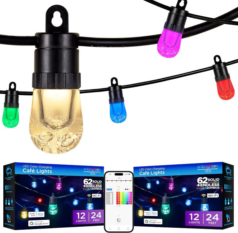 Photo 1 of ENBRIGHTEN 2 Pack LED Premium Smart Color Changing String Lights, 24ft Black Cord, 12 Shatterproof Acrylic Bulbs, Weatherproof, Customizable, Wi-Fi App Control, Dimmable Outdoor String Lights, 82764
