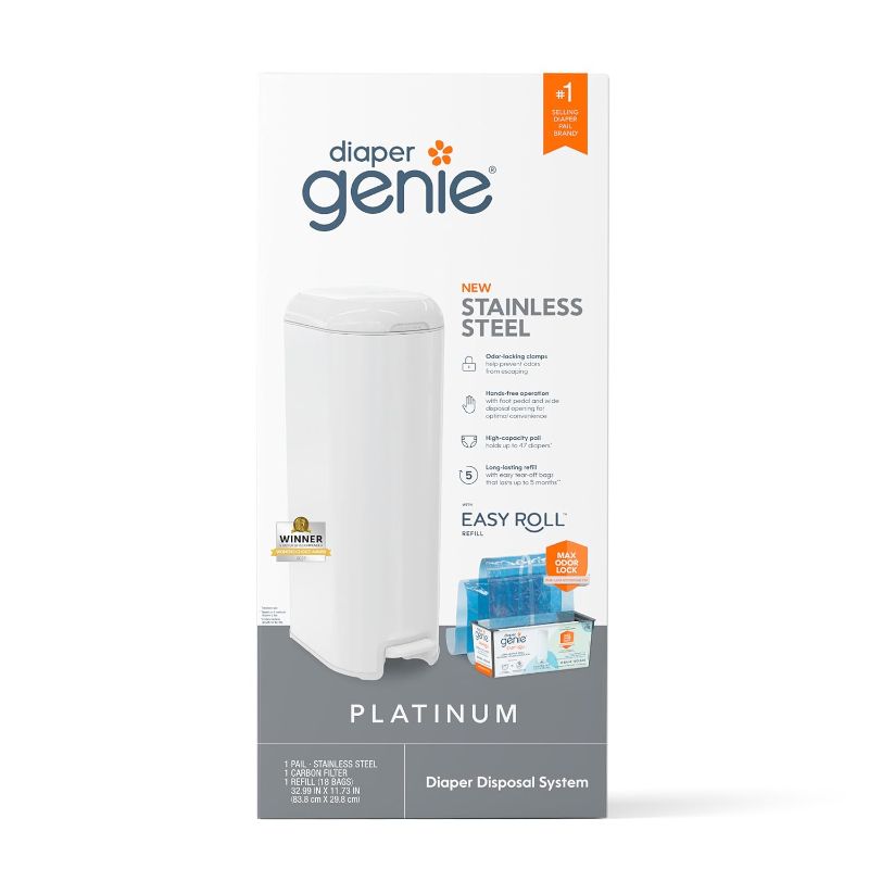 Photo 1 of Diaper Genie Platinum Pail (Lilly White) is Made of Durable Stainless Steel and Includes 1 Easy Roll Refill with 18 Bags That can Last up to 5 Months.
