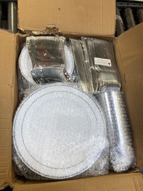 Photo 1 of 600 Piece Silver Dinnerware Set 100 Guests, Disposable Silver Rim Plates, 100 Dinner Plastic Plates, 100 Salad Silver Plates, 100 Silver Plastic Silverware, 100 Plastic Cups Wedding Birthday Parties