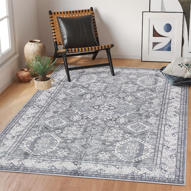 Photo 1 of Rugland 9x12 Area Rug - Stain Resistant Washable Rug, Anti Slip Backing Rugs for Living Room, Vintage Tribal Area Rugs (TPR12-Grey, 9'x12')
