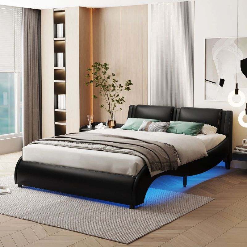 Photo 1 of ZNTS Full Size Upholstered Faux Leather Platform Bed with LED Light Bed Frame with Slatted - Black WF296647AAB
