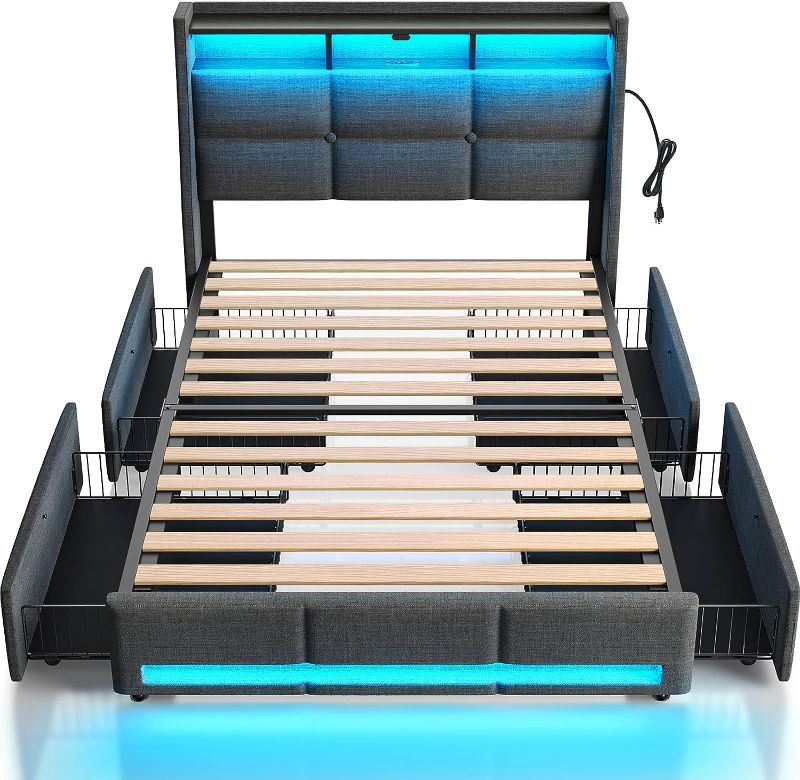 Photo 1 of Rolanstar Twin Size Bed Frame with LED Lights and Charging Station, Upholstered Bed Storage Headboard & Drawers, Heavy Duty Wood Slats, Easy Assembly
