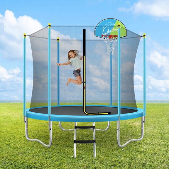 Photo 1 of 8FT Trampoline for Kids with Safety Enclosure Net, Basketball Hoop and Ladder, Easy assembly Round Outdoor Recreational Trampoline MS310681AAC

