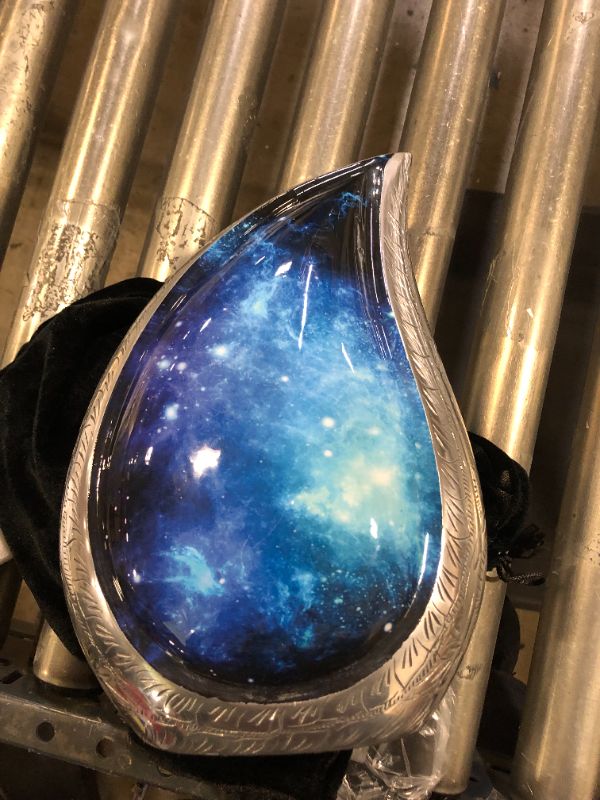 Photo 2 of M MEILINXU Cosmic Galaxy Teardrop Urns, Funeral Cremation Urn for Human Ashes - Display at Home or in Niche at Columbarium, Engraved Urn for Adult Male & Female, Blue and Black - Metal Made Large Urn
