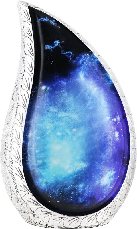 Photo 1 of M MEILINXU Cosmic Galaxy Teardrop Urns, Funeral Cremation Urn for Human Ashes - Display at Home or in Niche at Columbarium, Engraved Urn for Adult Male & Female, Blue and Black - Metal Made Large Urn
