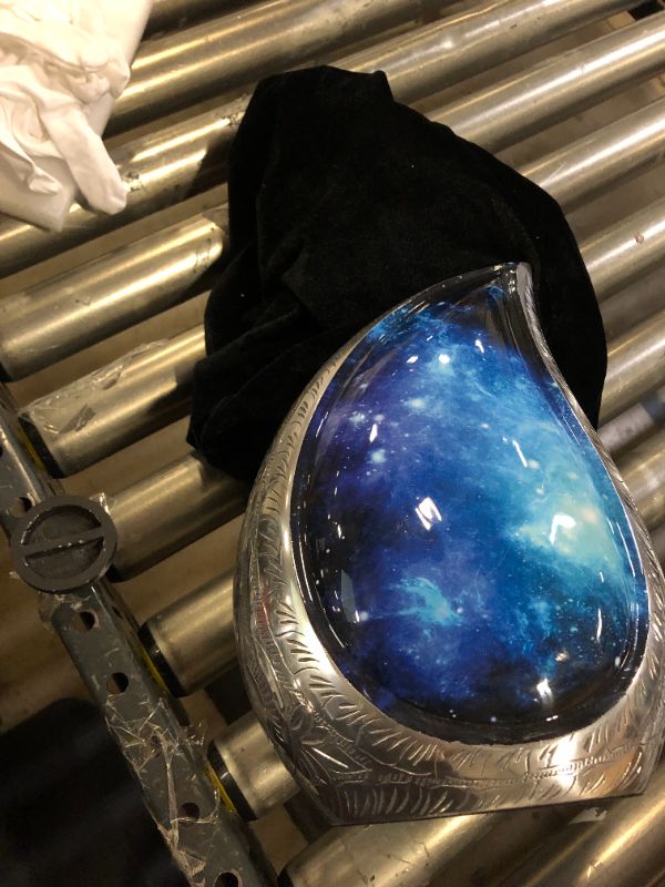 Photo 4 of M MEILINXU Cosmic Galaxy Teardrop Urns, Funeral Cremation Urn for Human Ashes - Display at Home or in Niche at Columbarium, Engraved Urn for Adult Male & Female, Blue and Black - Metal Made Large Urn
