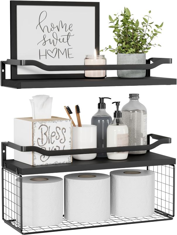 Photo 1 of WOPITUES Floating Shelves with Wire Storage Basket, Bathroom Shelves Over Toilet with Protective Metal Guardrail, Wood Wall Shelves for Bathroom, Bedroom, Living Room, Toilet Paper-Black
