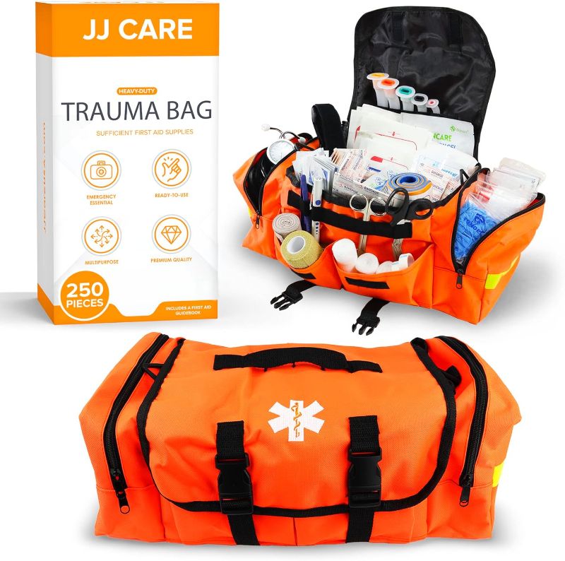 Photo 1 of JJ CARE Trauma Bag 250PCS First Responder Kit, EMT Bag with Padded Strap, Reflective Medical Bag Fully Stocked, Multiple Pockets EMS EMT Bags Fully Stocked, First Aid Trauma Bags Fully Stocked
