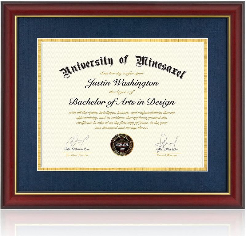 Photo 1 of Minesaxel 16X20 Diploma Frame with 14X17 Opening Blue Mat, Display Degree Certificate Document, Wall Mount or Tabletop Display(Cherry Red)
