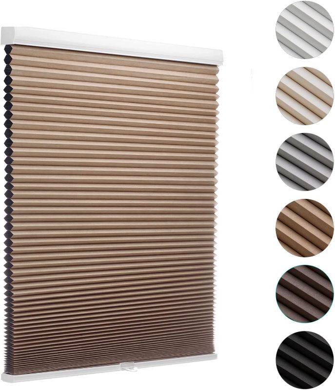 Photo 1 of MYshade Blackout Cordless Cellular Shades Honeycomb Shades for Indoor Windows Room Darkening Blinds for Home Office Pull Down Window Shades Easy to Install 24 inch Wide, H50 Light Brown Pleated Shades
