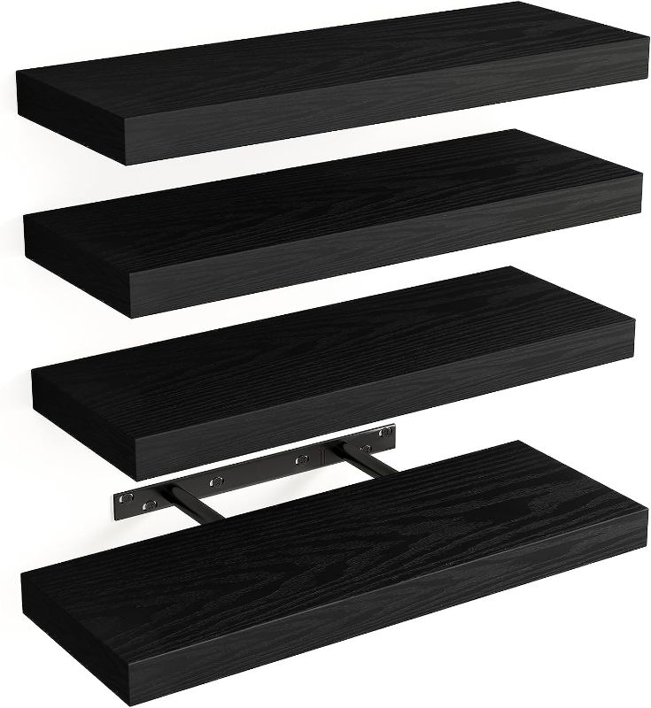 Photo 1 of Fixwal 15.8in Floating Shelves, Rustic Wood Finish Wall Shelves Set of 4, Shelves for Wall Decor, with Invisible Brackets for Bathroom, Living Room,Bedroom and Kitchen(Black)
