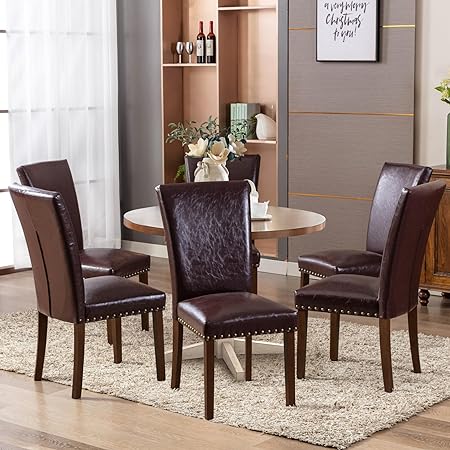 Photo 1 of COLAMY Upholstered Parsons Dining Chairs Set of 2, PU Leather Dining Room Kitchen Side Chair with Nailhead Trim and Wood Legs - Dark Brown L-darkbrown Set of 2