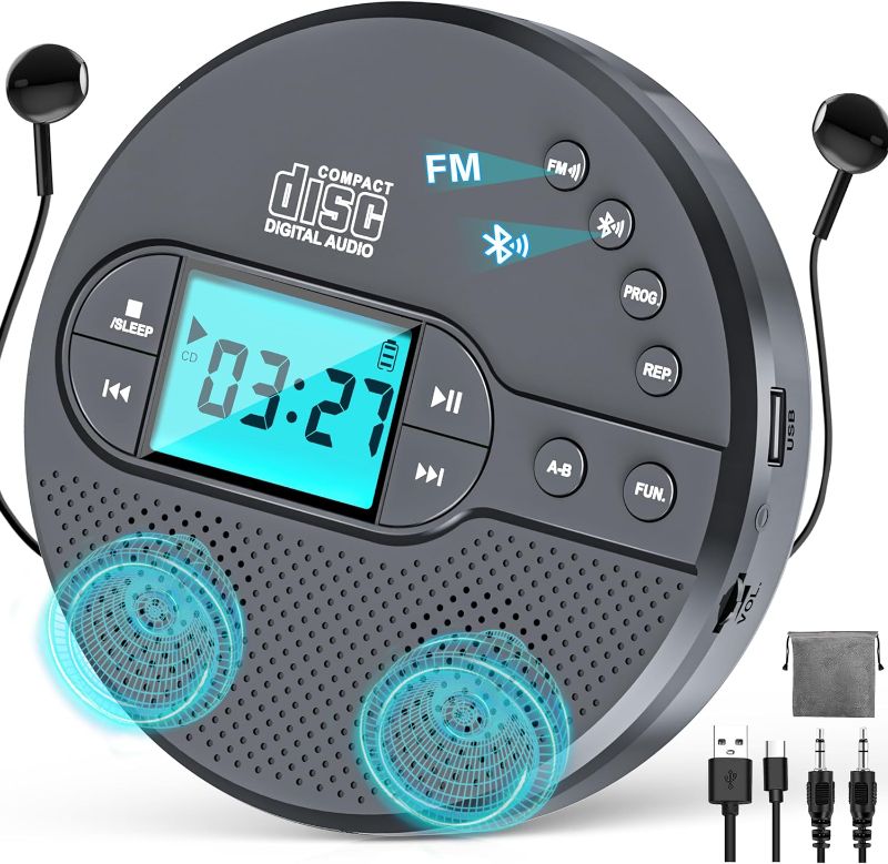 Photo 1 of 2000mAh Rechargeable Discman CD Player:Walkman CD Player with Bluetooth FM Transmitter,Headphones,LCD Screen,AUX,Built-in Speaker,USB-Portable Personal CD Player Anti-Skip Protection for Car
