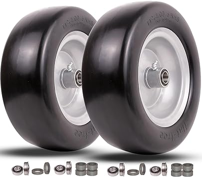 Photo 1 of 11x4.00-5 lawn mower tires flat free, Solid Smooth Tires and Wheel with 3/4" or 5/8" & 1/2" Precision bearings, 3.4"-5.6" Centered Hub, for Zero-Turn Lawn Mowers, Extra Universal Adapter Kit (2 Pack)
