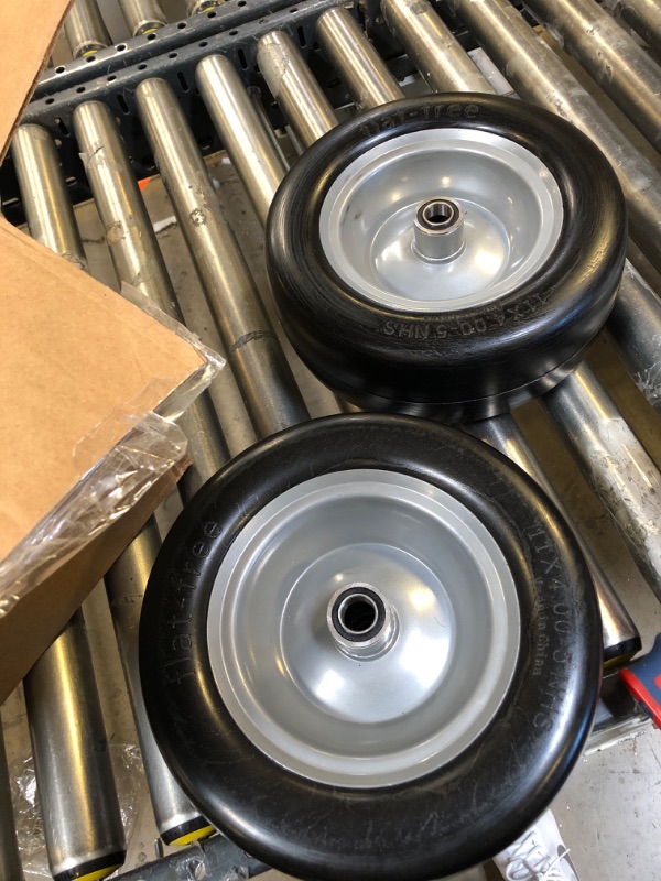 Photo 2 of 11x4.00-5 lawn mower tires flat free, Solid Smooth Tires and Wheel with 3/4" or 5/8" & 1/2" Precision bearings, 3.4"-5.6" Centered Hub, for Zero-Turn Lawn Mowers, Extra Universal Adapter Kit (2 Pack)
