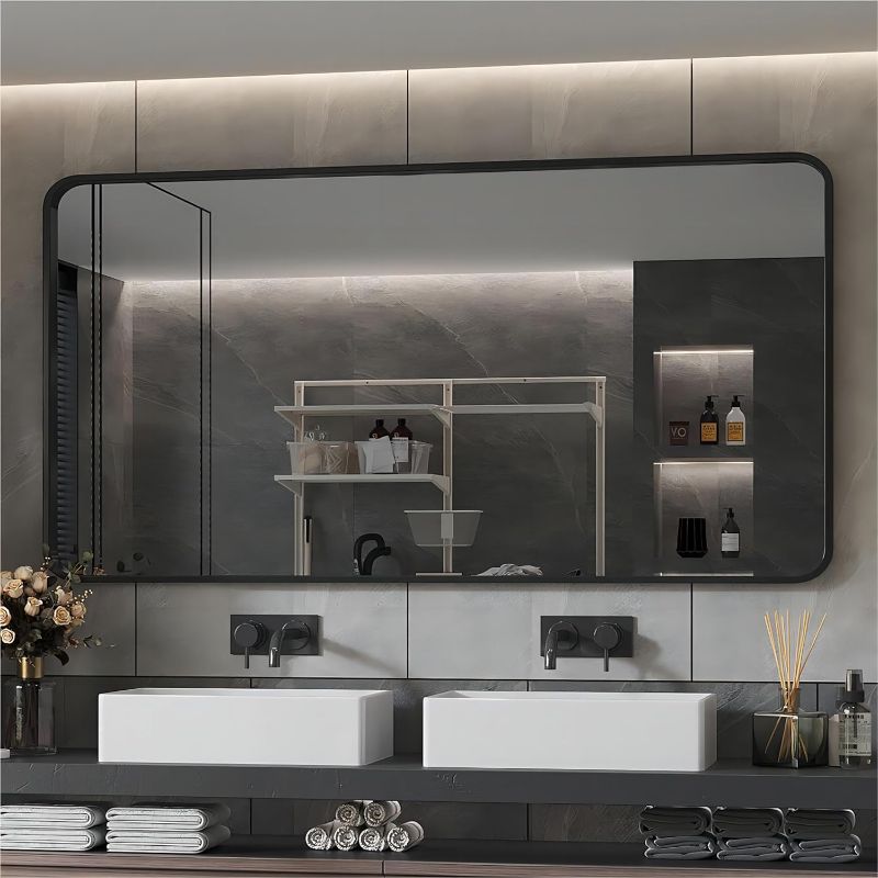 Photo 1 of Wanzvisk Black Framed Mirrors for Bathroom,60 x 36 Inch Rounded Conner Rectangle Mirror for Wall, Matte Black Vanity Mirror with Tempered Glass,Anti-Rust,Hangs Horizontally or Vertically
