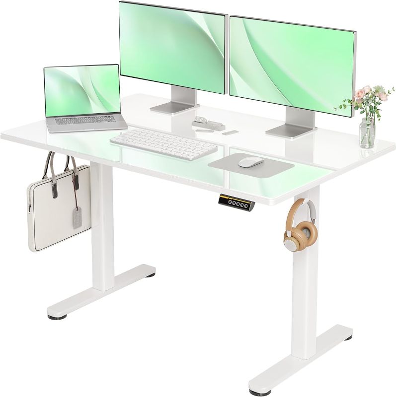 Photo 1 of Claiks Glass Standing Desk, Electric Standing Desk Adjustable Height, 48 Inch Adjustable Stand Up Desk, Quick Install Home Office Computer Desk, Supter White
