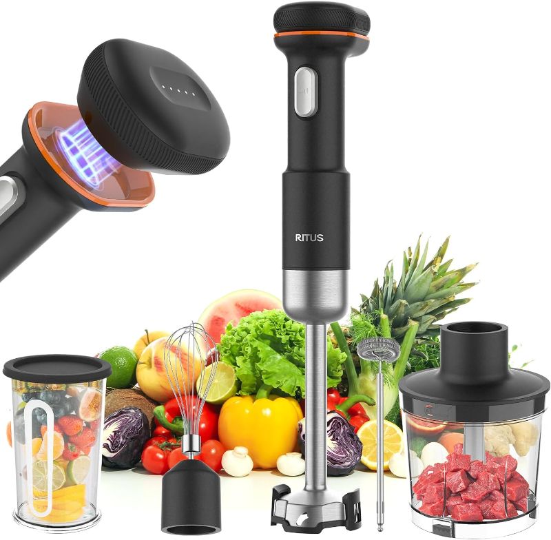 Photo 1 of Cordless Immersion Blender, 5 in 1 Portable Hand Blender Heavy Duty Motor, Variable Speed Handheld Blender Stainless Steel Blade With 700ml Mixing Beaker, 500ml Chopper, Whisk and Milk Frother
