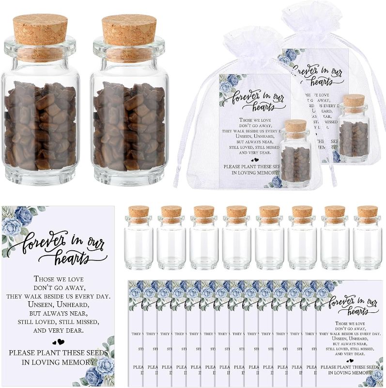 Photo 1 of 100 Sets Funeral Favors Include 100 Funeral Prayer Cards Memorial Cards 100 Memorial Seeds Glass Bottles with Cork Stopper 100 Organza Bags for Celebration of Life Loss of Loved One (Rose)