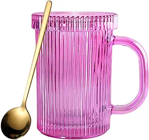 Photo 1 of 11 oz Vintage Ribbed Clear Glass Coffee Mugs- Classic Vertical Stripes Coffee Cup with Glass Lid for Engagement, Bridal Shower, Wedding or Anniversary (Fushia)
