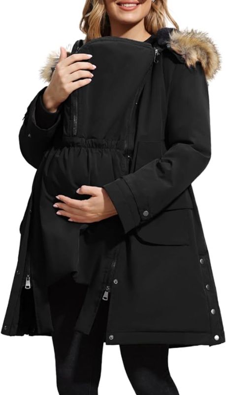 Photo 1 of Maacie Maternity Thicken Fleece Lined Parka Jacket Coat 2 in 1 Belted Hooded Warm Winter Coat Christmas Gifts for Women Large Black