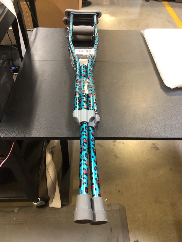 Photo 2 of My Crutches - Youth Junior Crutches for Kids w Adjustable Handgrip and Length! for Children 3'9" to 4'5" - Made of Lightweight, Durable Aluminum with Underarm Padding - Teal Leopard