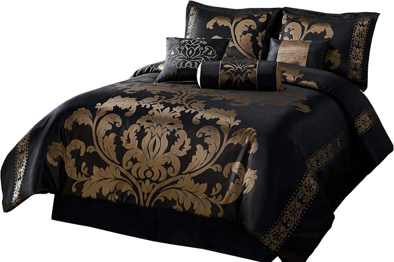 Photo 1 of Chezmoi Collection 3-Piece Jacquard Floral Comforter Pillow Set King Black/Gold