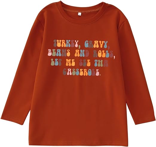 Photo 1 of Boys Girls Thanksgiving Shirt Long Sleeve Turkey Letter Print Graphic T-Shirt Unisex Kid Fall Tops Clothes 7-12 Years (Orange Brown, 8-9Years)
