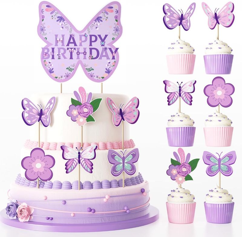 Photo 1 of (PACK OF 8) 13Pcs Butterfly Cupcake Topper Big Purple Happy Birthday Butterfly Shaped Cake Topper for Girls Birthday Anniversary Baby Shower Butterfly Theme Party Decorations (Purple)
