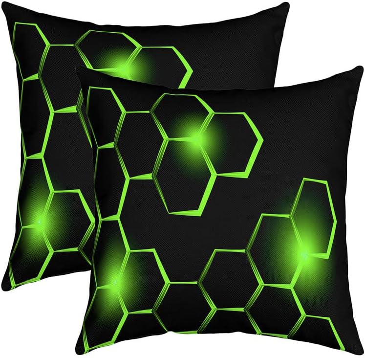 Photo 1 of Honeycomb Pillow Cases Cushion Covers Modern Geometry Hexagon Theme Throw Pillow Covers 18"x18" Set of 2 Soft Decor Geometrical Decorative Throw Pillowcases Beehive Green Black Cushion Cases Bedroom
