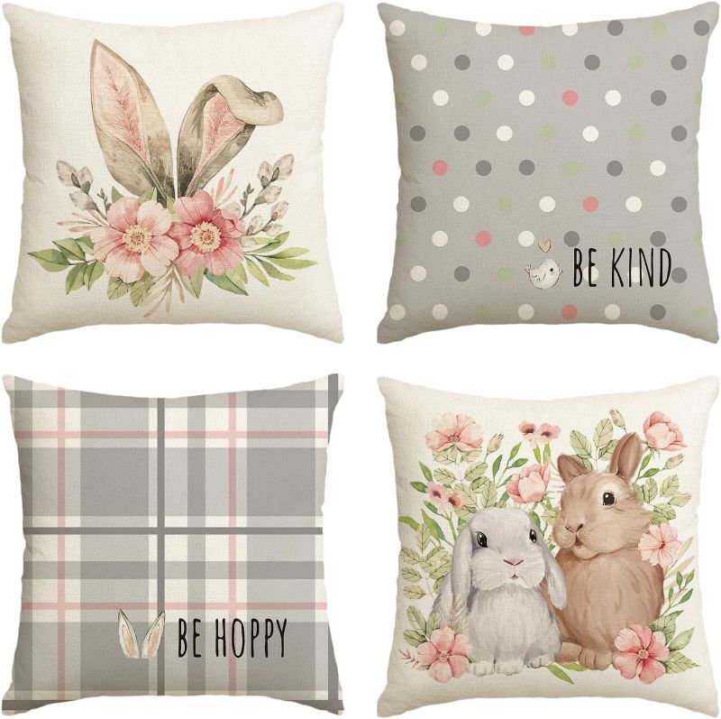 Photo 1 of AVOIN colorlife Easter Rabbit Flower Buffalo Plaid Be Hoppy Gray Throw Pillow Cover, 18 x 18 Inch Polka Dot Bird Be Kind Cushion Case Decoration for Sofa Couch Set of 4
