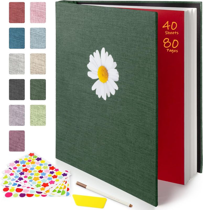 Photo 1 of Photo Album Self Adhesive 80 Pages, Linen Cover Scrapbook Album for 3x5 4x6 5x7 6x8 8x10 Photos with A Metal Pen and DIY Stickers, Large Photo Book Ideal for Family Wedding Baby (Dark Green)
