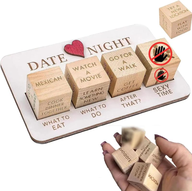 Photo 1 of Date Night Dice - Creative After Dark Edition, 5 Wooden Board Game for Couple Date Night,Funny Date Wooden Decision Date Night Dice,Valentine's Day Anniversary Couple Games Gifts (Wood Color)
