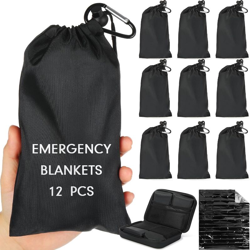 Photo 1 of 12 Pcs Outdoor Camping Emergency Blankets Extra Large Foil Thermal Blanket Survival Blanket with Storage Pouches, Buckles, Waterproof EVA Case for Camping, Hiking, Emergency Setting, Car Use, Black
