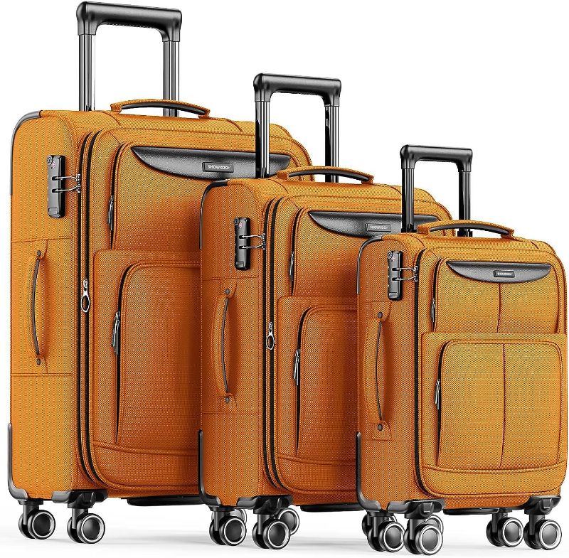 Photo 1 of ++28 IN LUGGAGE HAS DAMAGED WHEEL++ SHOWKOO Luggage Sets 3 Piece Softside Expandable Lightweight Durable Suitcase Sets Double Spinner Wheels TSA Lock Hot Orange (20in/24in/28in)

