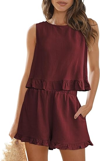 Photo 1 of AUTOMET Women's Summer 2 Piece Outfits Casual Trendy Shorts Matching Sets Sleeveless Casual Linen Outfits WIne Red X-Large