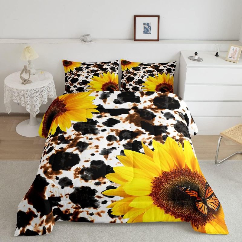 Photo 1 of Manfei Sunflower Comforter Set Twin Size,Cow Cowhide Fur Duvet Quilted,Floral Animal Nature Theme Bedding Comforters 2Pcs for Kids Teen Youth Farmhouse Room Decor,Soft Warm
