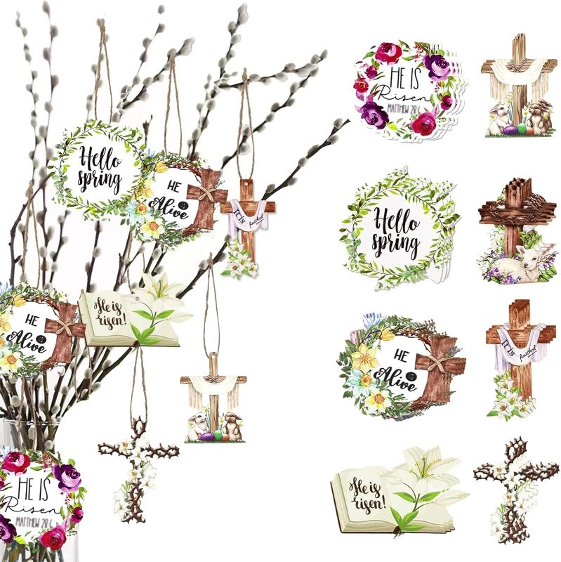 Photo 1 of 24 Pcs Easter Hanging Ornaments for Tree: Religious Easter Wooden Ornaments He is Risen Christian Cross Spring Wood Hanging Decorations for Holiday Home Party Decor
