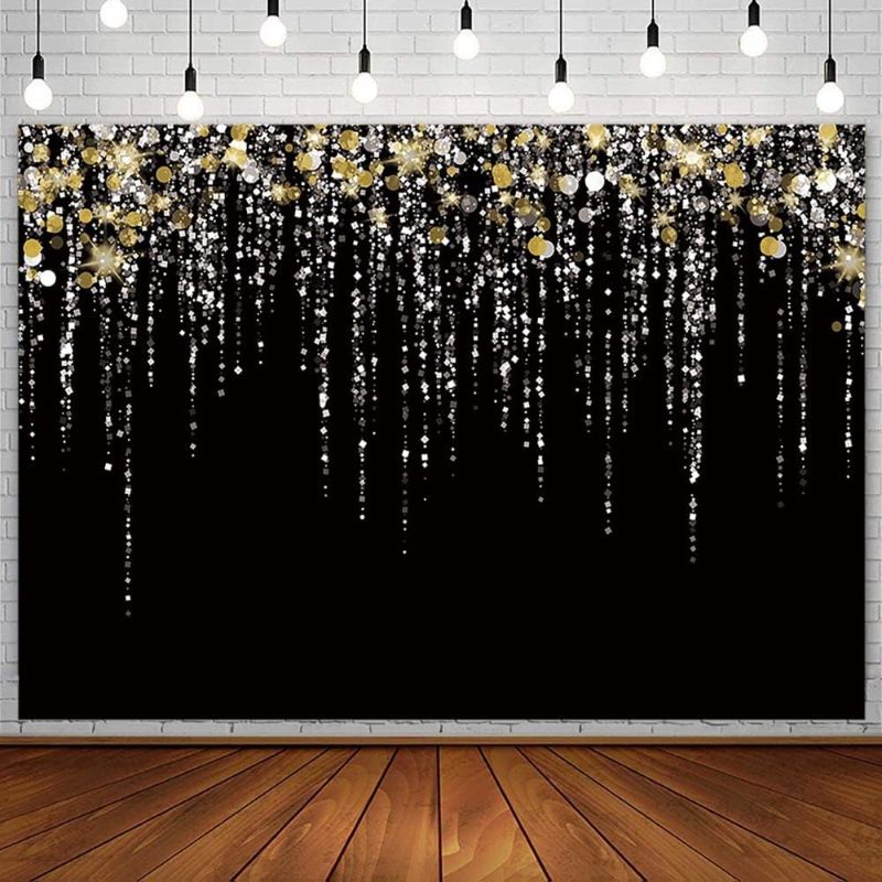 Photo 1 of 7x5ft Black and Gold Glitter Backdrop for Girls Birthday Wedding Prom Bridal Shower Photography Background Black Gold Bokeh Sparkle Party Decorations Supplies Banner Photo Shoot Studio Props
