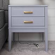 Photo 1 of 2 Drawer Side Table with Charging Station - Mid Century Modern with Polished Gold Handles, 2 USB Ports & 2 Outlets - Multifunctional Smart Bedside Table Nightstand