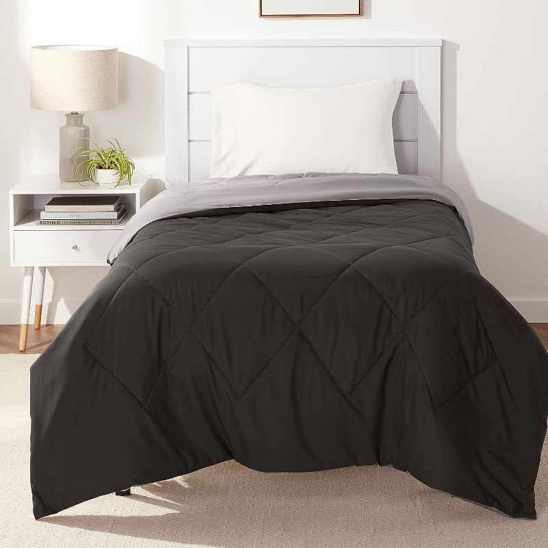 Photo 1 of Amazon Basics Reversible Lightweight Microfiber Comforter Blanket, Twin/Twin XL, Black/Grey
